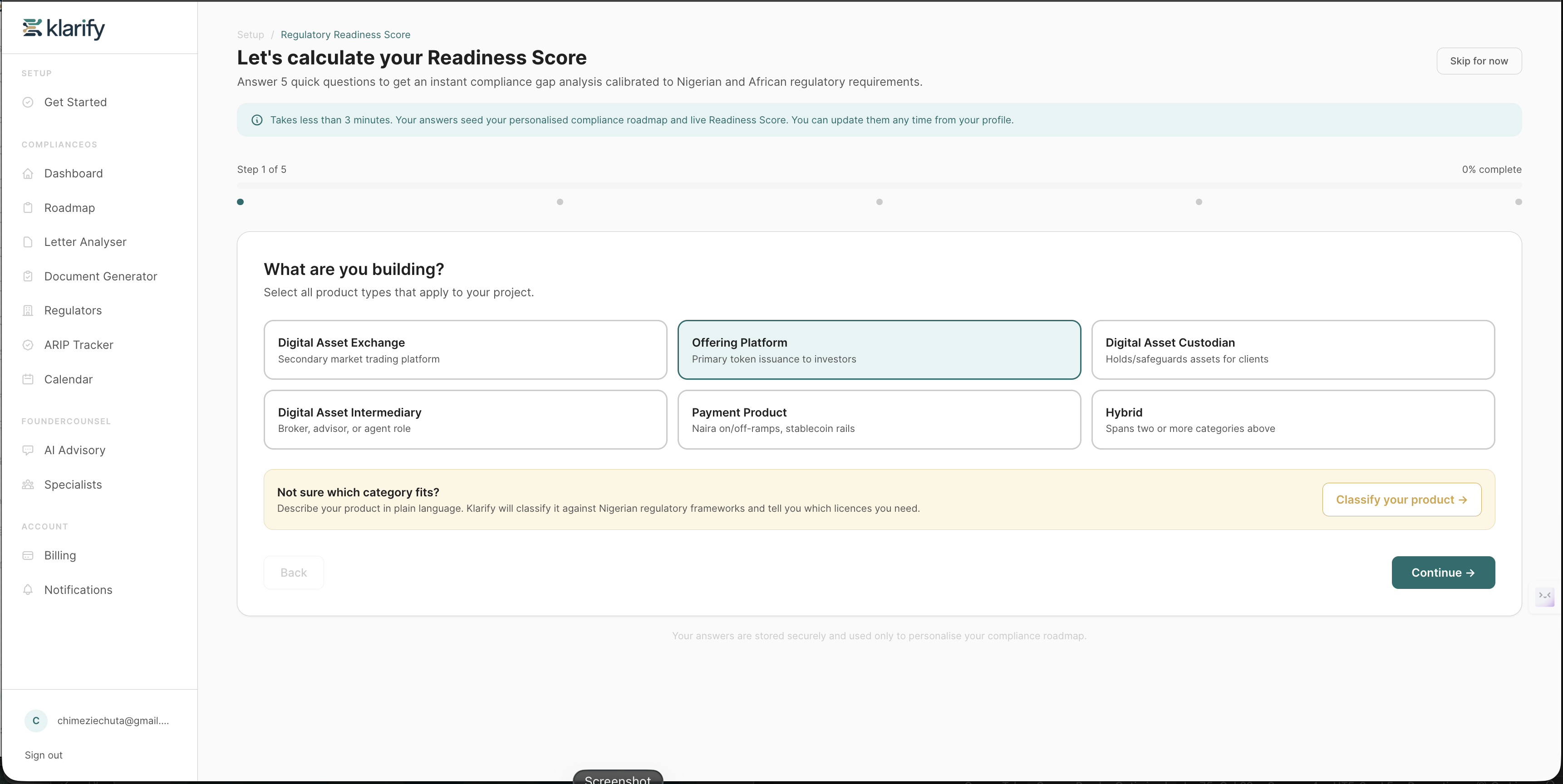 Klarify dashboard — Regulatory Readiness Score